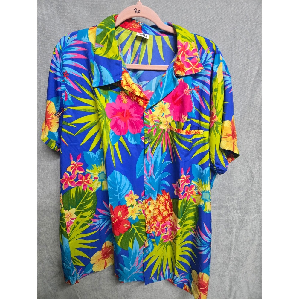 King Kameha Mens Hawaiian Shirt XL Blue Tropical Hibiscus Pineapple Floral Print
